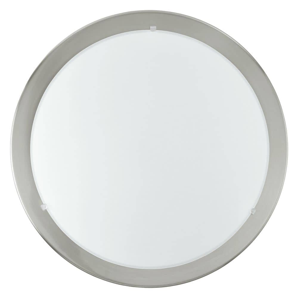 Vue de face du luminaire rond à diffuseur blanc et cerclage en nickel.