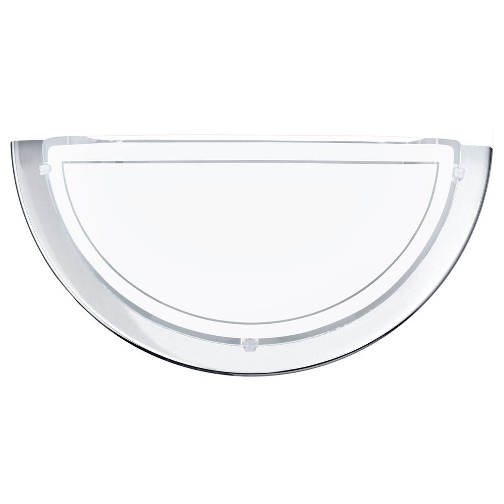 Applique murale demi-lune en verre blanc avec cerclage chromé, vue de face