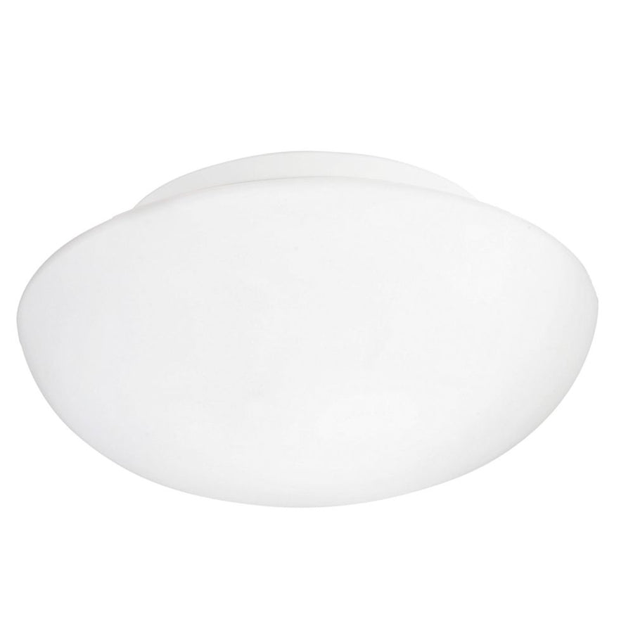 Vue de face du luminaire rond blanc en verre opalin, fond neutre