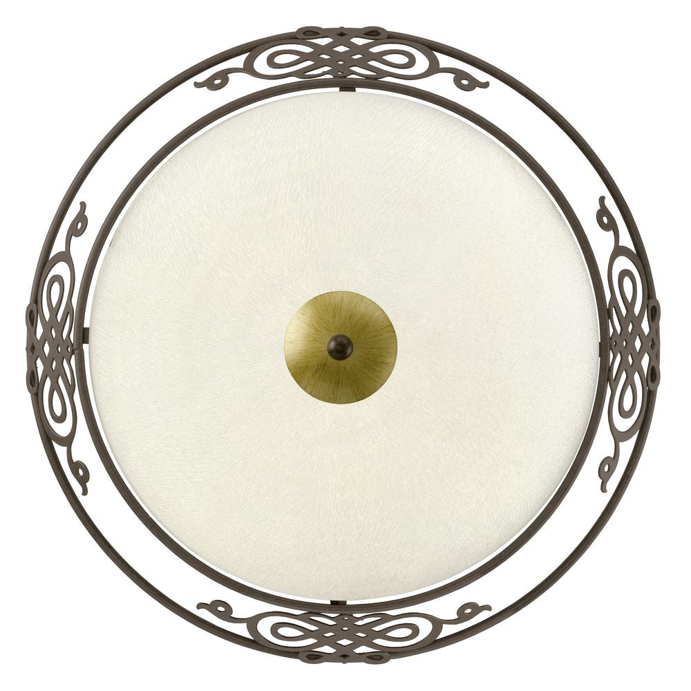 Vue de dessous du luminaire rond avec verre dépoli et pastille dorée centrale