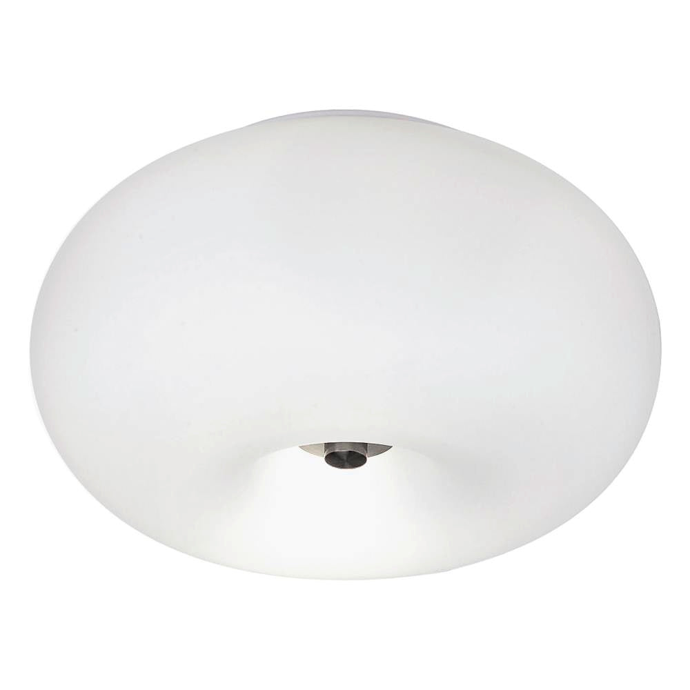 Vue de face du plafonnier ovale en verre opale blanc, fixation centrale apparente.