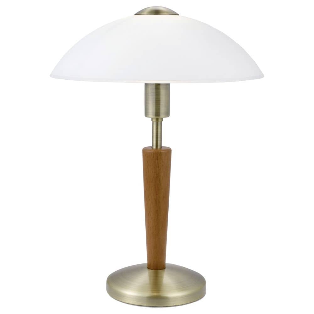 Lampe à poser de face, abat-jour dôme blanc, fût en bois et base laiton