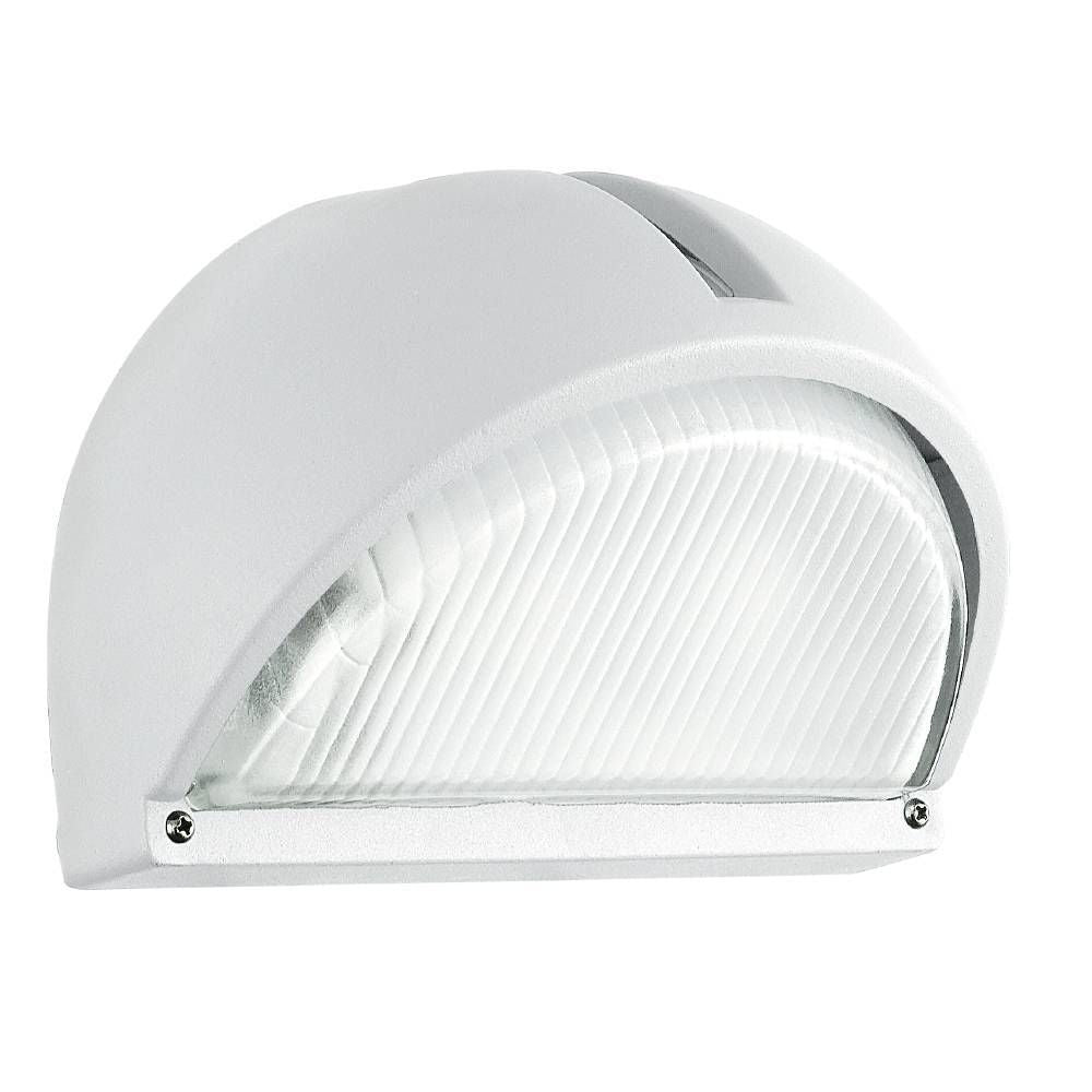 Applique extérieure blanche vue de face, diffuseur strié et vis apparentes