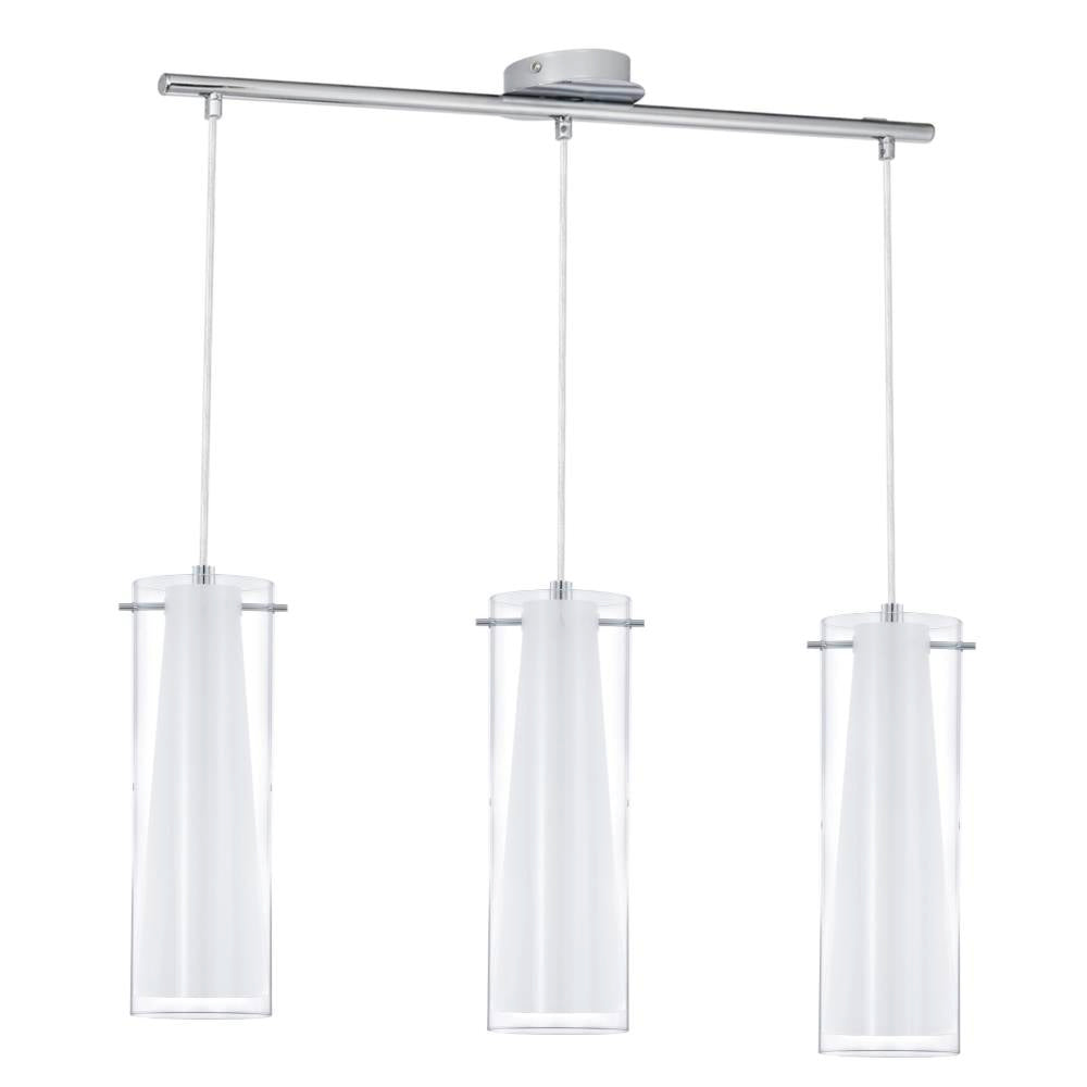 Vue de face du luminaire avec ses trois cylindres de verre et sa barre chromée