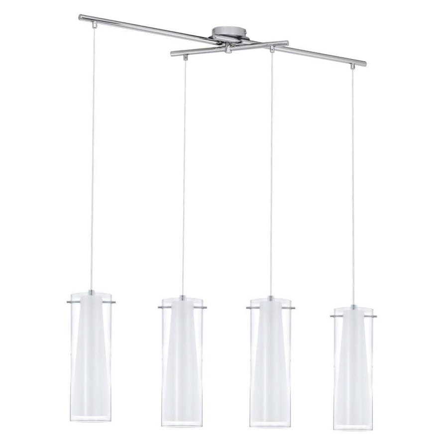 Vue d'ensemble du luminaire suspendu, quatre cylindres en verre transparent sur structure chromée.