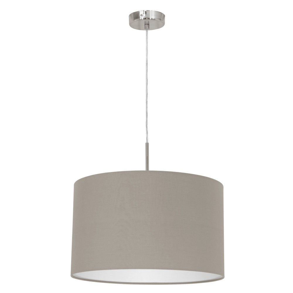 Suspension cylindrique en tissu taupe avec câble et rosace chromée, vue de face.