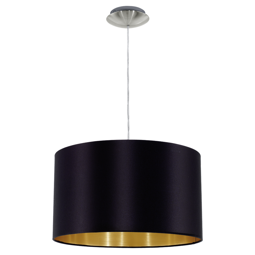 Suspension vue de face, abat-jour cylindrique noir, intérieur doré visible, câble et rosace