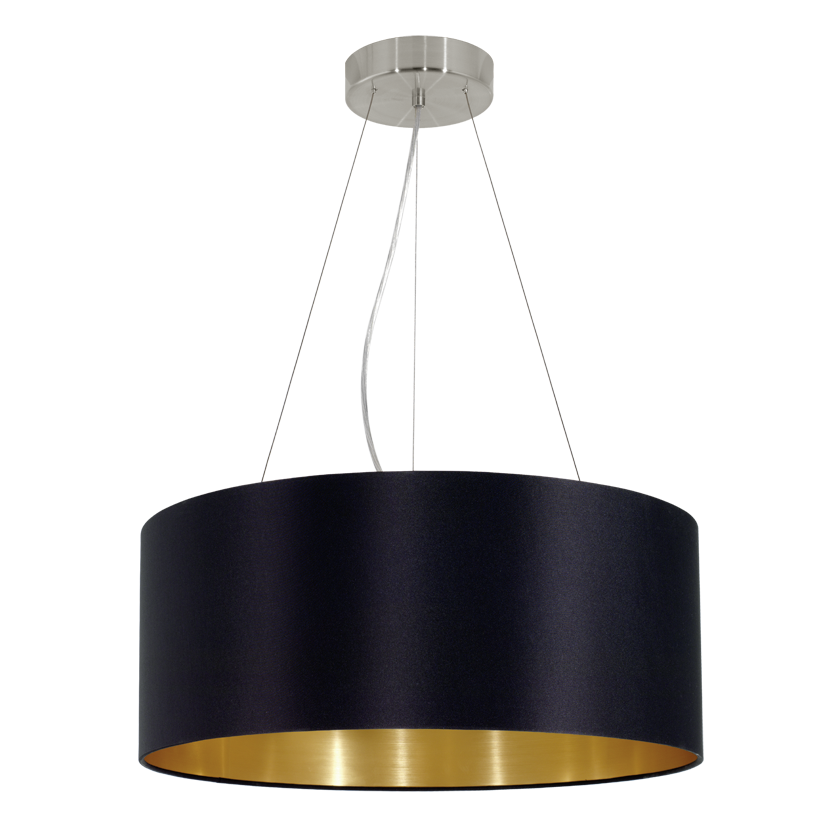 Suspension vue de face, abat-jour cylindrique noir et intérieur doré brillant