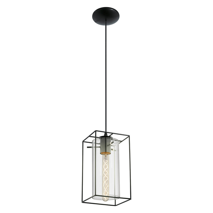 Suspension noire à cage rectangulaire et cylindre de verre, vue de face sur fond blanc