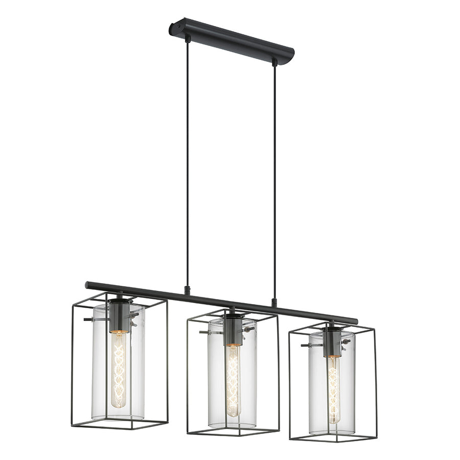Suspension noire à trois cages rectangulaires et verres cylindriques, vue de face sur fond blanc.