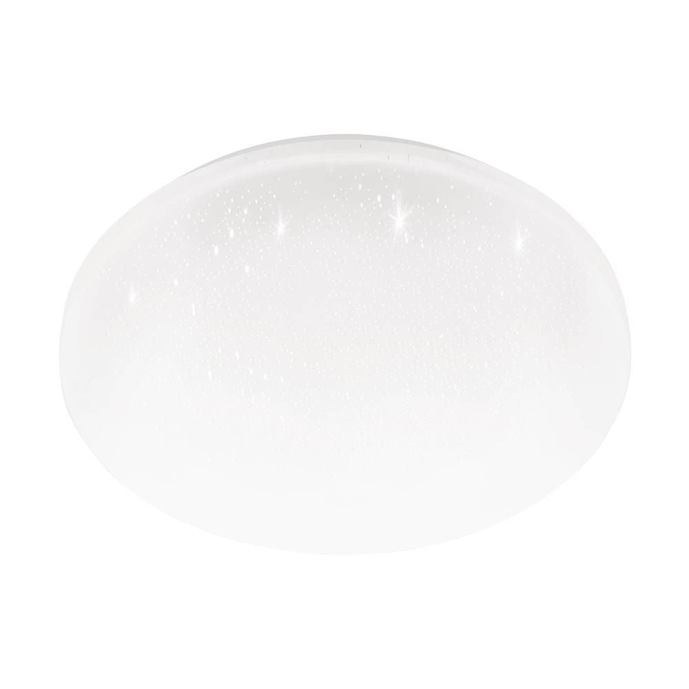 Vue de face du plafonnier rond blanc, diffuseur bombé légèrement scintillant