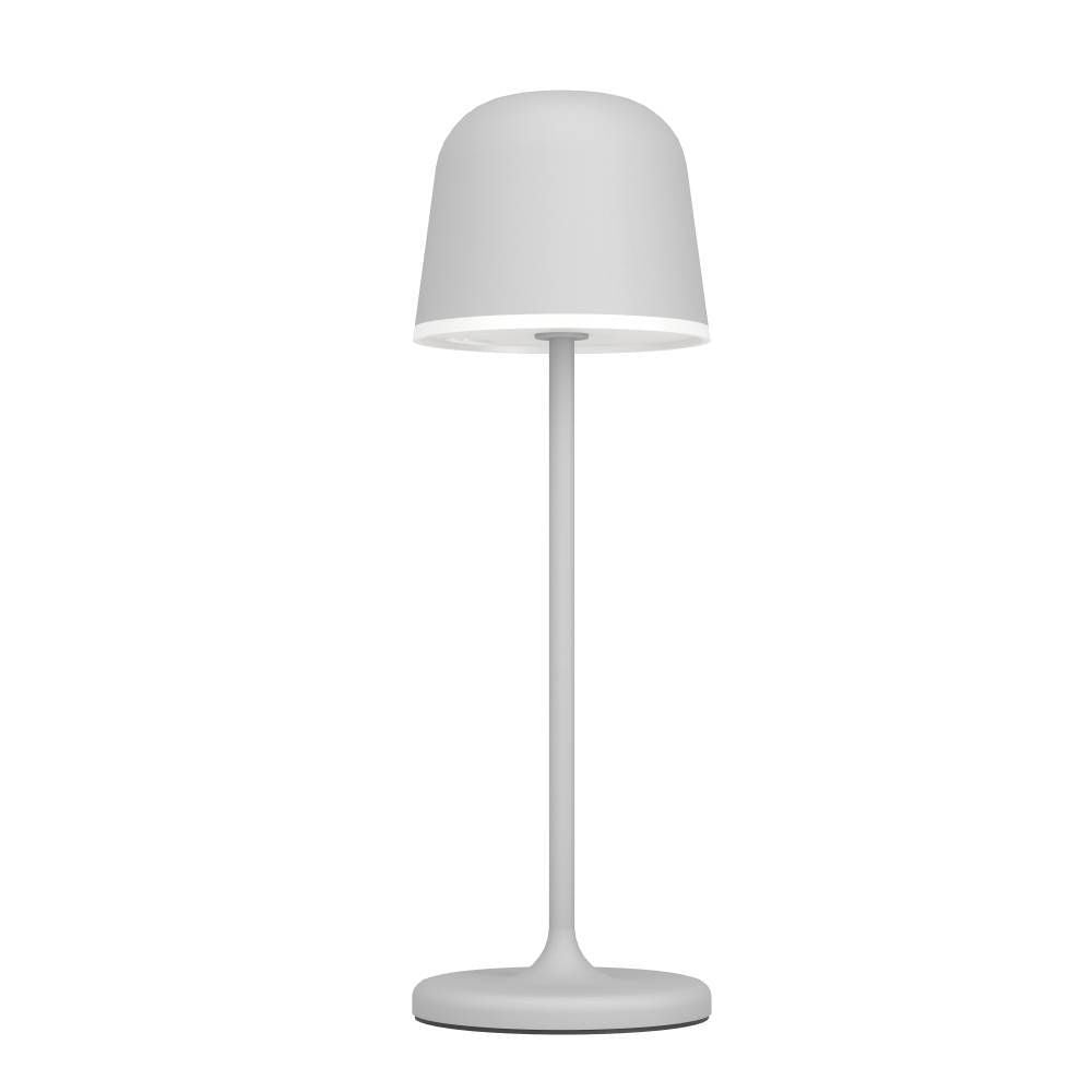 Lampe sans fil vue de face sur fond blanc, abat-jour gris et socle rond