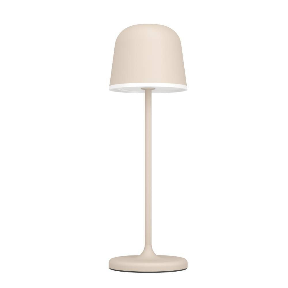 Lampe de table beige, abat-jour bombé, tige fine et base ronde, vue de face.
