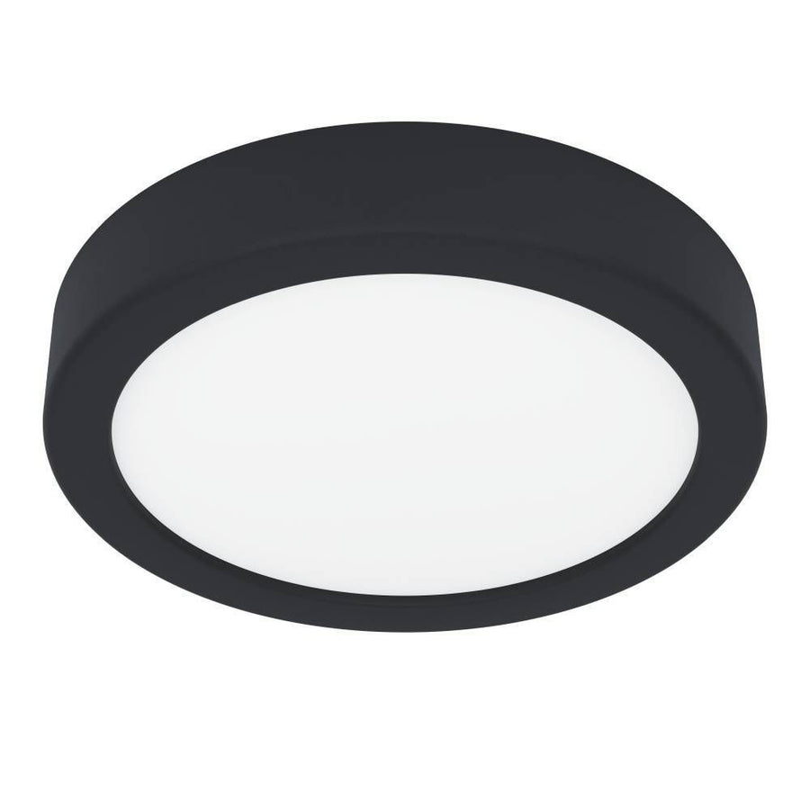 Plafonnier rond de face, cerclage noir et diffuseur blanc, sur fond blanc