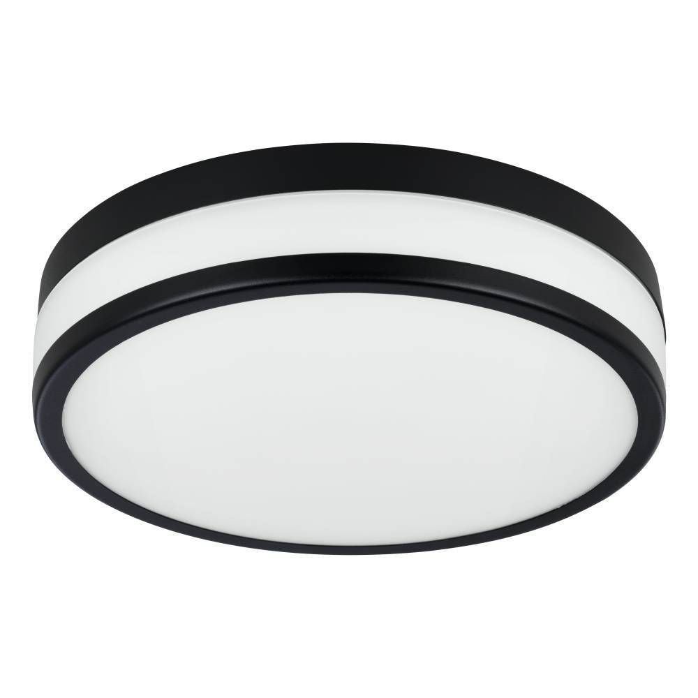 Vue de trois quarts du plafonnier rond noir et blanc sur fond blanc