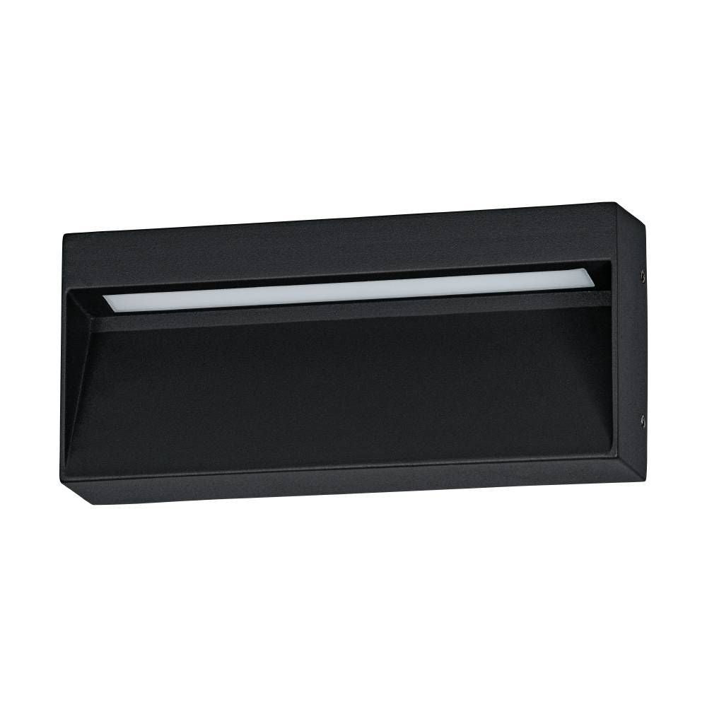 Applique murale extérieure noire rectangulaire vue de trois quarts sur fond blanc