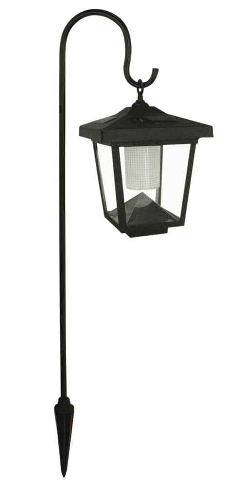 Vue complète du luminaire suspendu à sa crosse noire
