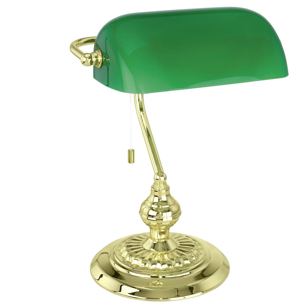 Lampe de bureau à poser, abat-jour vert en verre et bras en laiton poli, fond blanc.