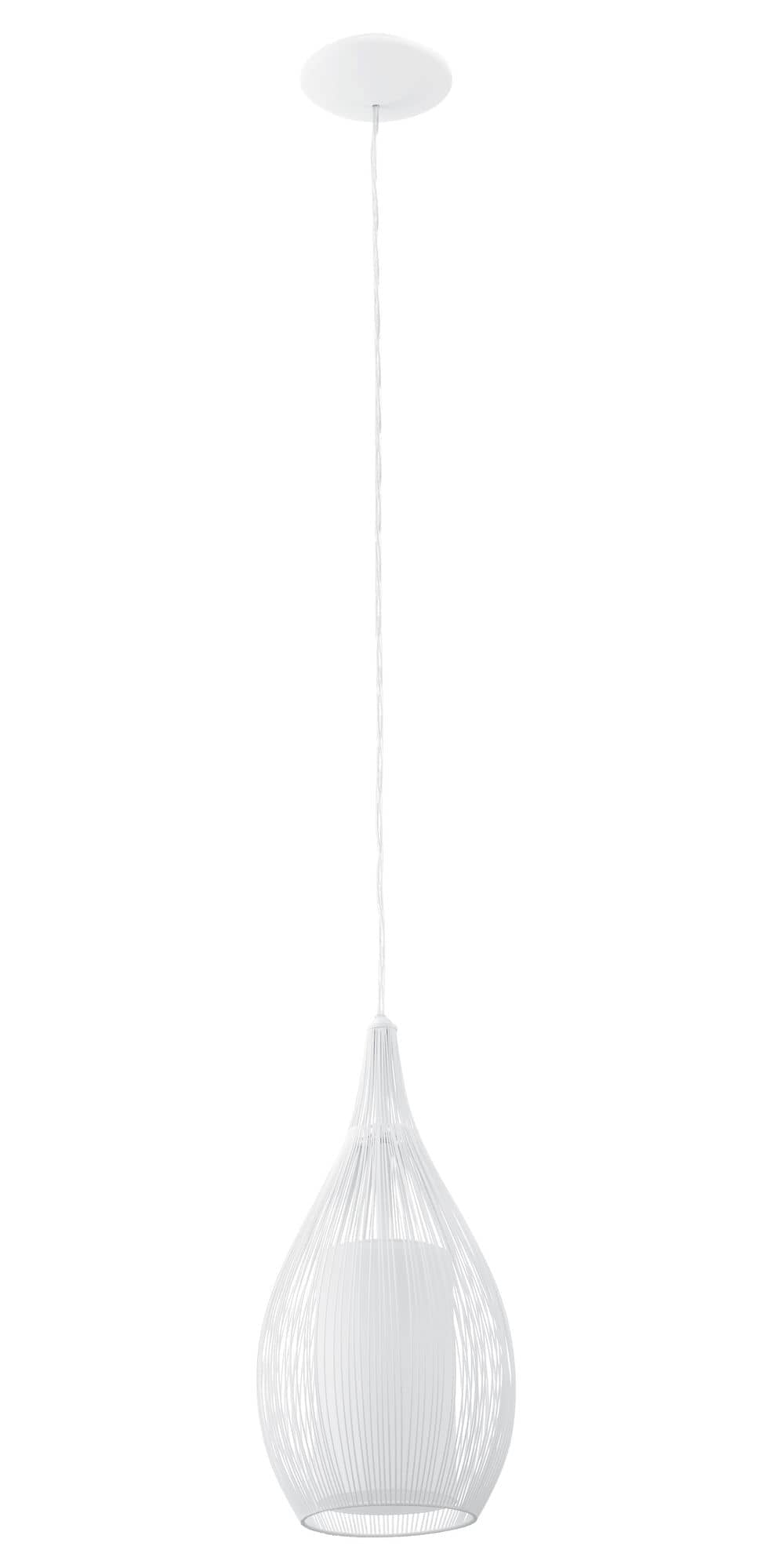 Vue en élévation du luminaire, soulignant la finesse de sa cage métallique blanche.