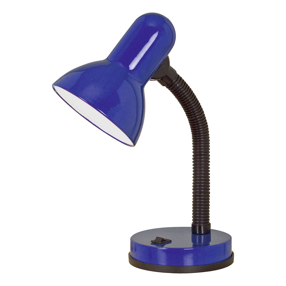 Lampe de bureau bleue avec col de cygne noir, vue de trois quarts sur fond blanc.