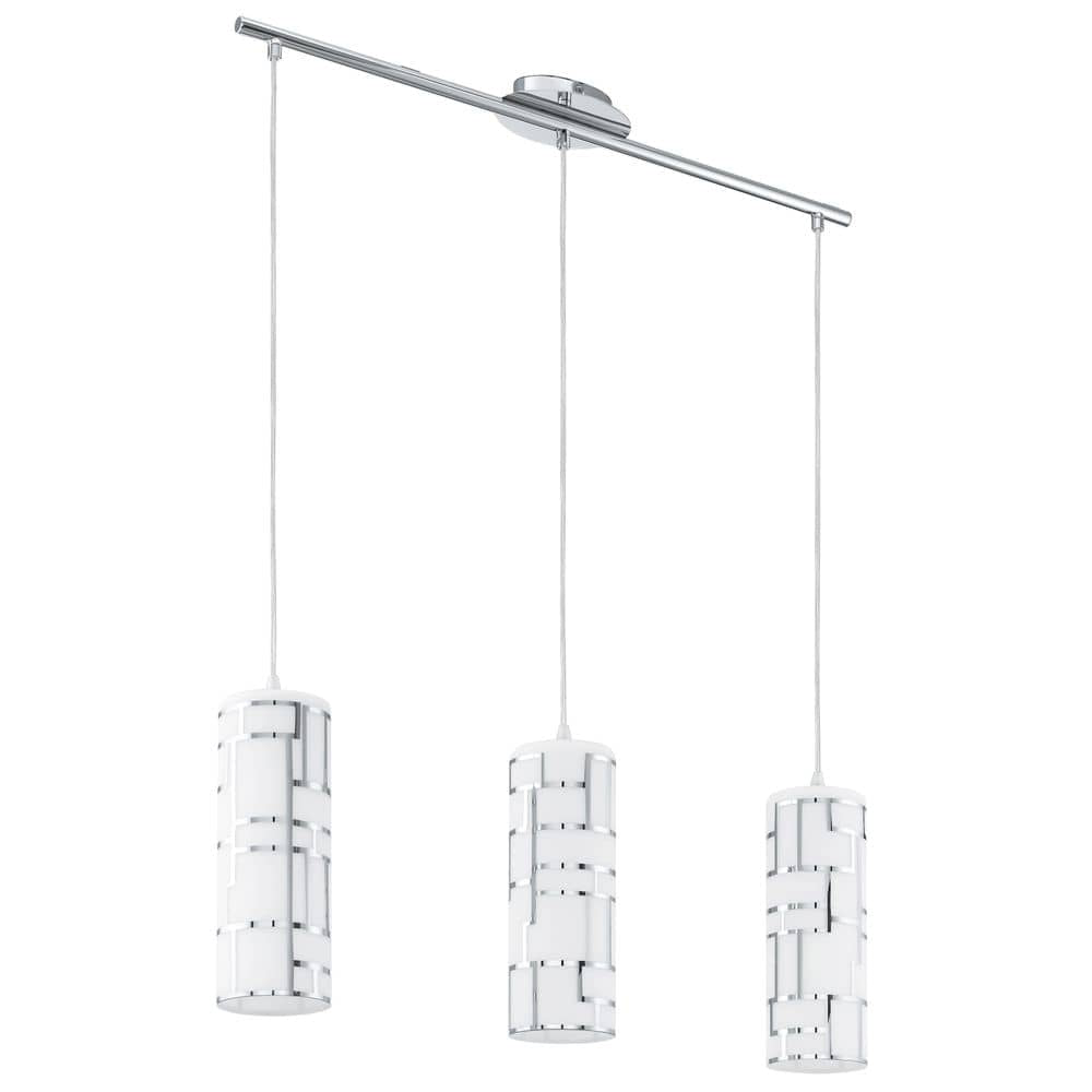 Suspension trois abat-jours cylindriques en verre blanc sur barre chromée, fond blanc