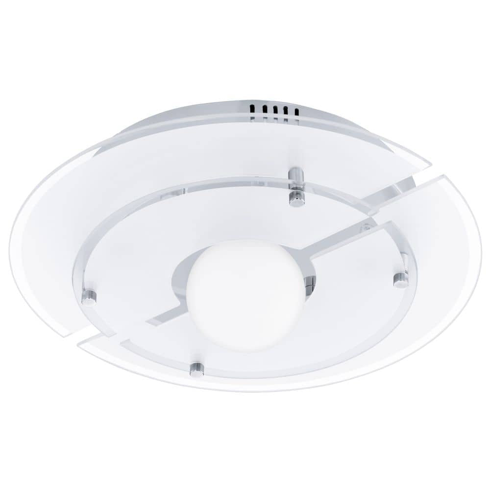 Vue de face du plafonnier rond en verre blanc et chrome, globe central lumineux