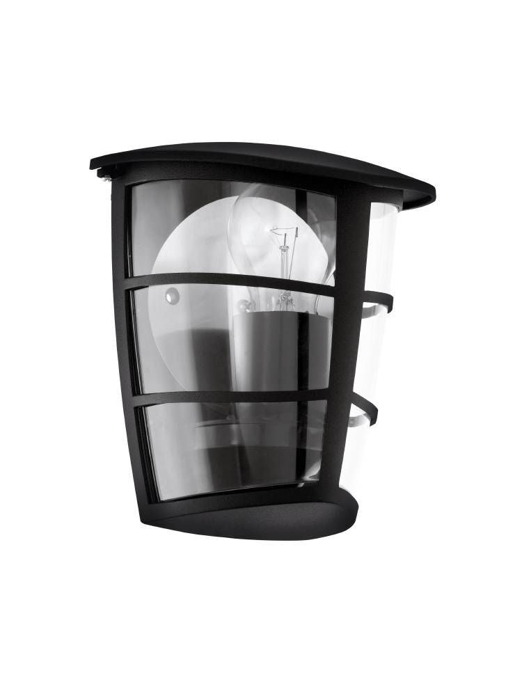 Applique extérieure noire de face, capot bombé et verre transparent sur cadre.