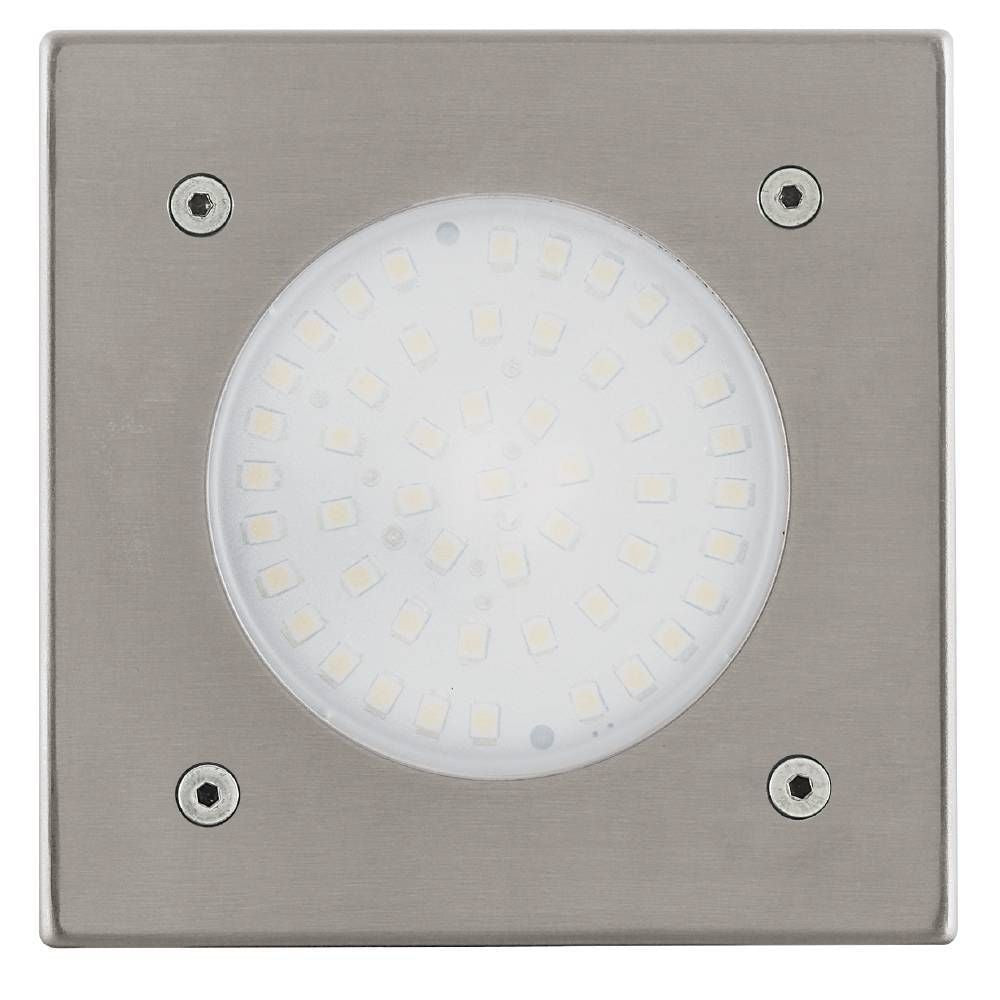 Vue de face du luminaire carré en inox avec diffuseur rond à LED blanches.