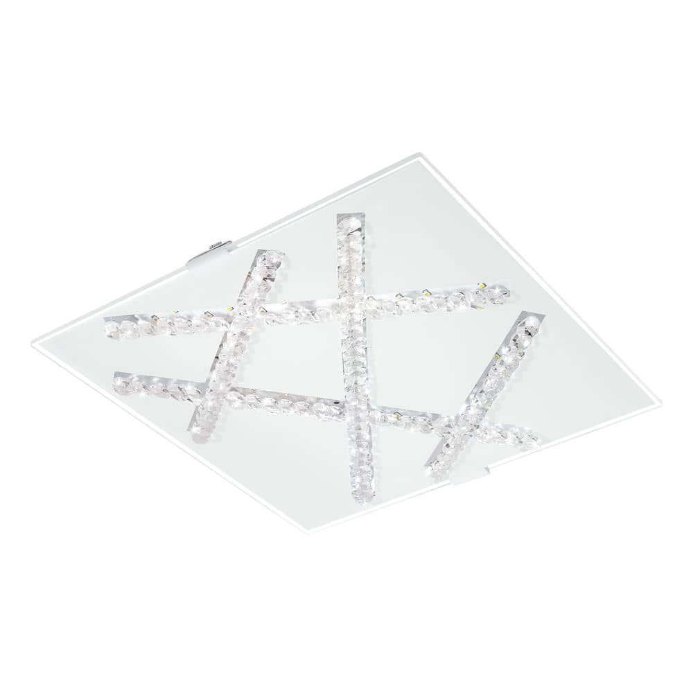 Vue de trois quarts du luminaire carré blanc orné de croisillons en cristal transparent