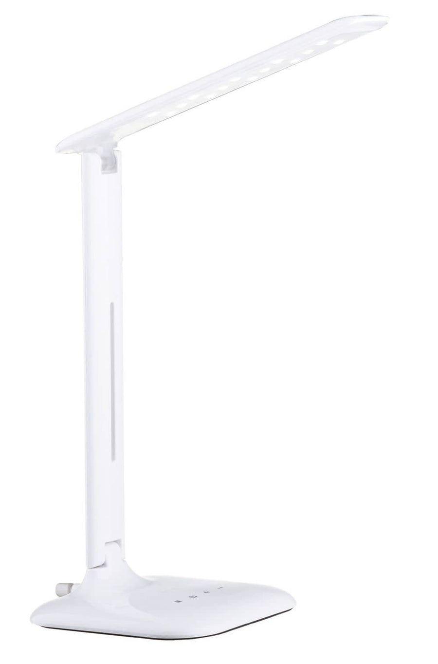 Profil latéral de la lampe blanche, mât vertical étroit et socle plat, éclairage éteint.