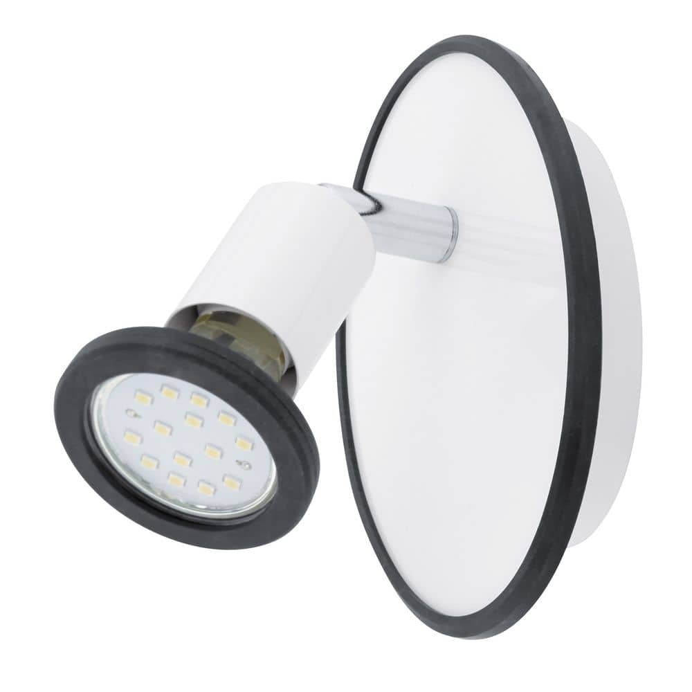 Spot mural blanc et chromé de face, orientable, anneau noir autour de la lentille LED