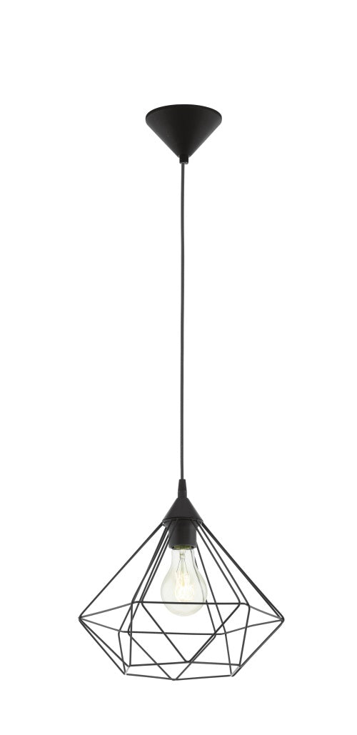 Vue complète du luminaire suspendu, câble noir et abat-jour métallique ajouré