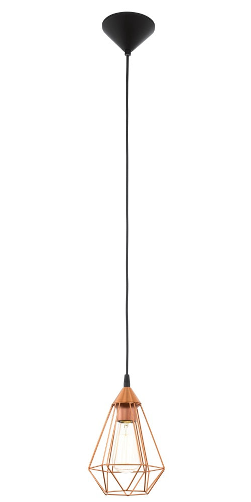 Vue d'ensemble du luminaire suspendu, rosace noire, longue suspension et diffuseur ajouré