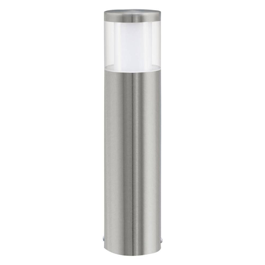Lampadaire extérieur cylindrique en inox avec diffuseur blanc, produit de face