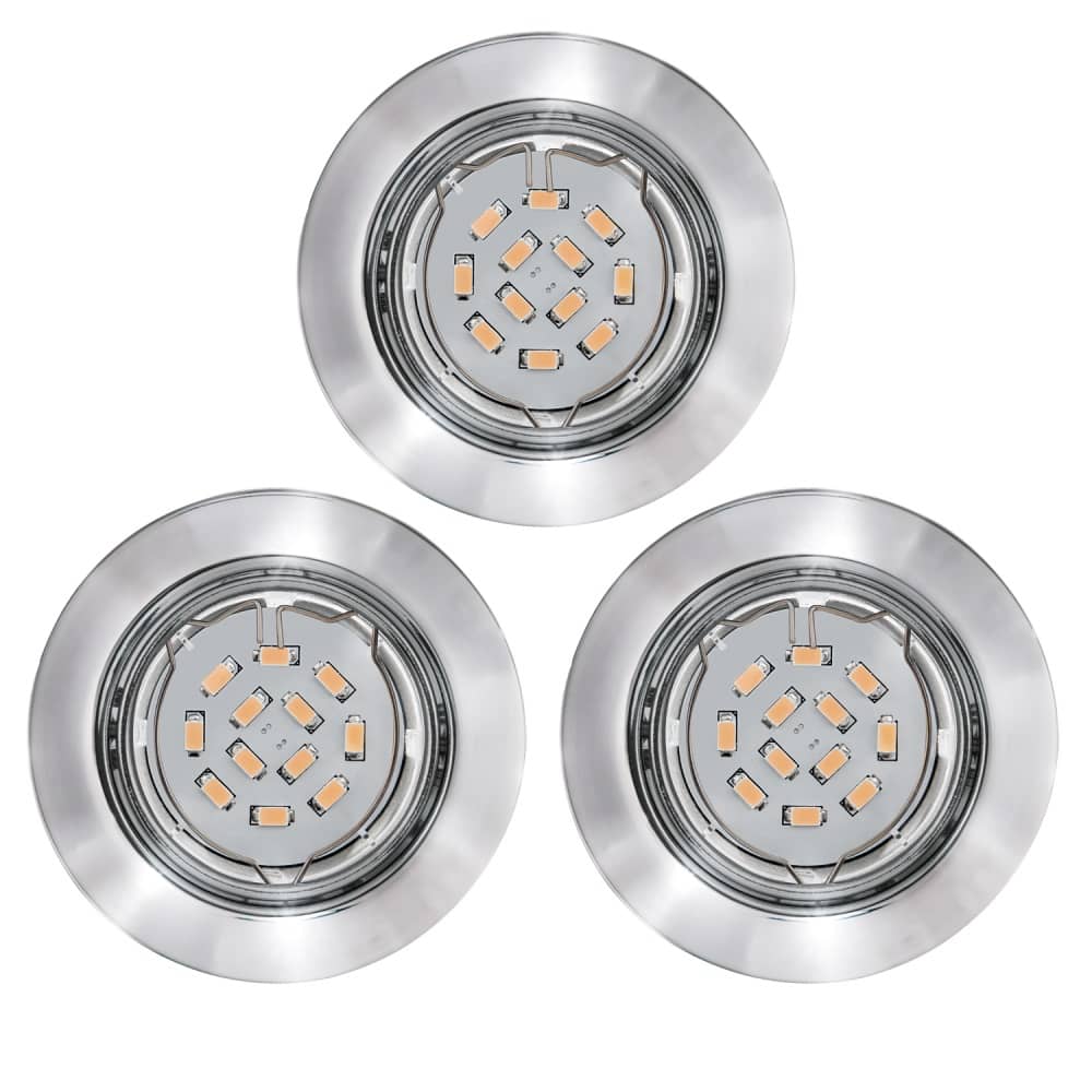 Trois spots chromés vus de face, module LED avec diodes orangées apparentes.