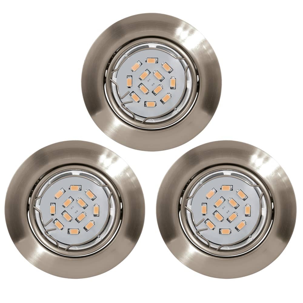Trois spots encastrables vus de dessous, montrant les modules LED et la bague nickel