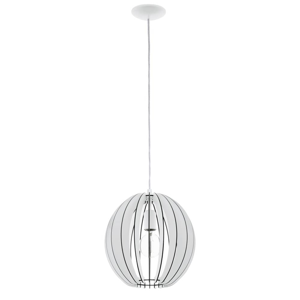 Suspension boule en lamelles de bois blanches, vue de face sur fond blanc
