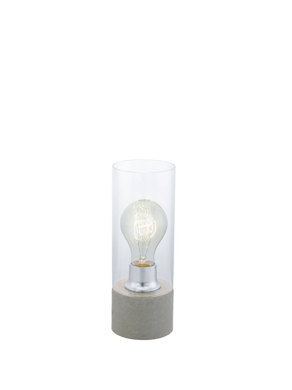 Vue de face sur fond blanc, ampoule à filament et base cylindrique en béton gris