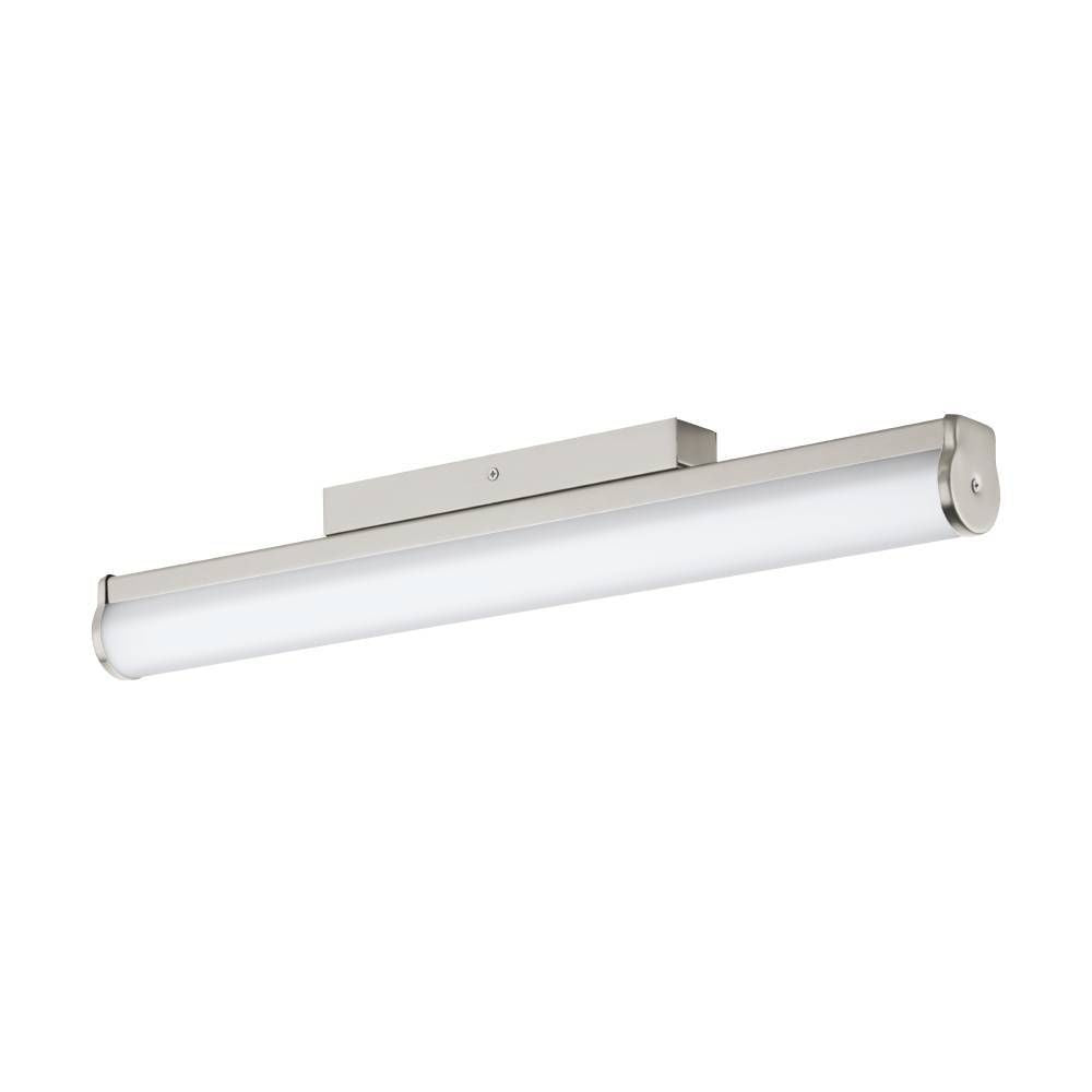 Vue de face du luminaire linéaire nickel et diffuseur blanc mat sur fond blanc.