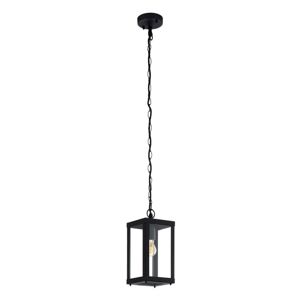 Suspension noire de face avec chaîne et lanterne vitrée sur fond blanc