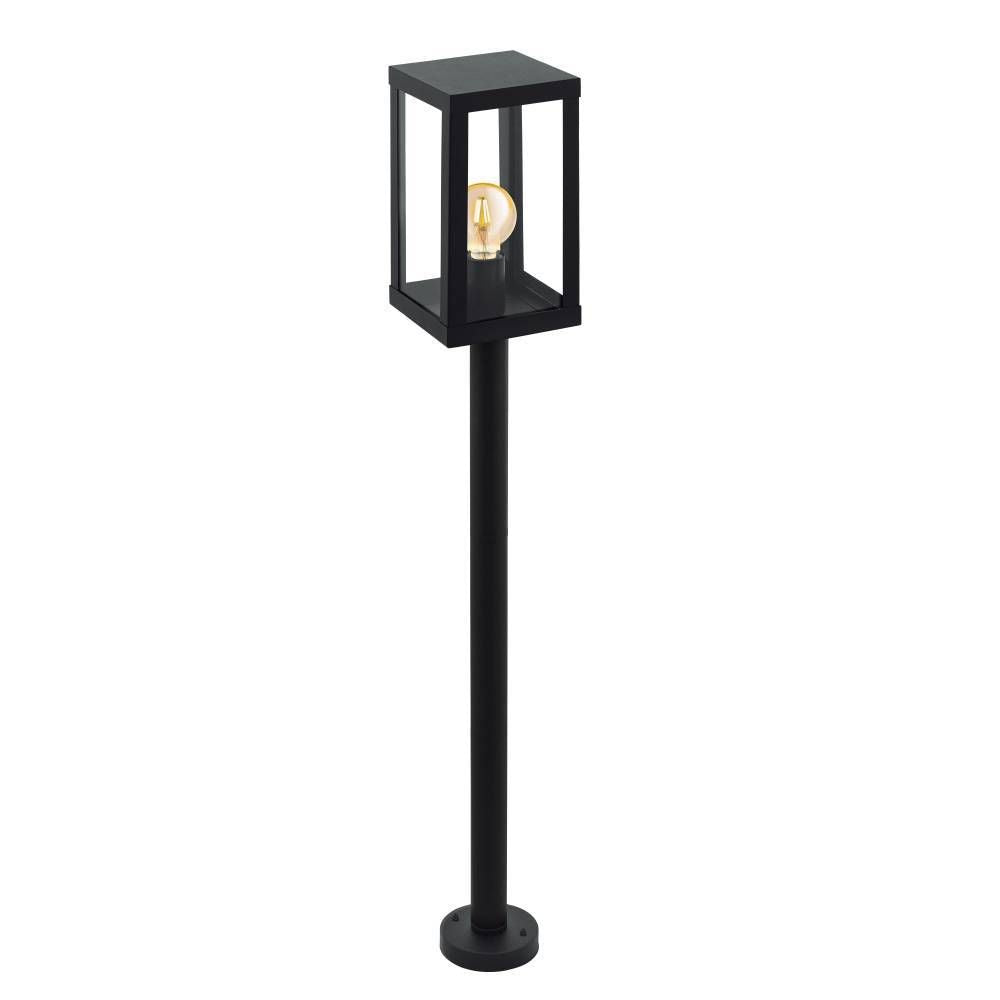 Lampadaire extérieur noir à lanterne rectangulaire et ampoule visible sur fond blanc.