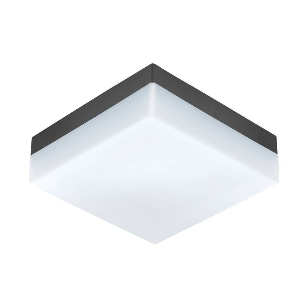 Vue de trois quarts du plafonnier carré blanc, contour anthracite, sur fond blanc