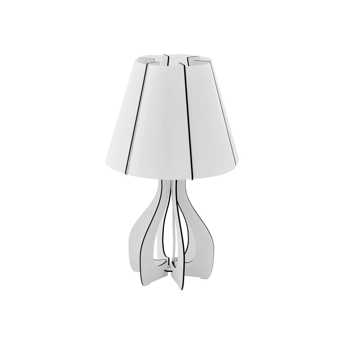 Lampe à poser blanche à abat-jour conique et base ajourée en bois clair