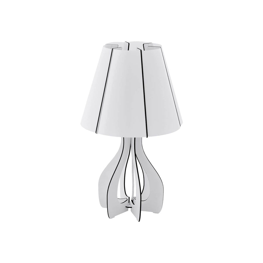 Lampe à poser blanche à abat-jour conique et base ajourée en bois clair