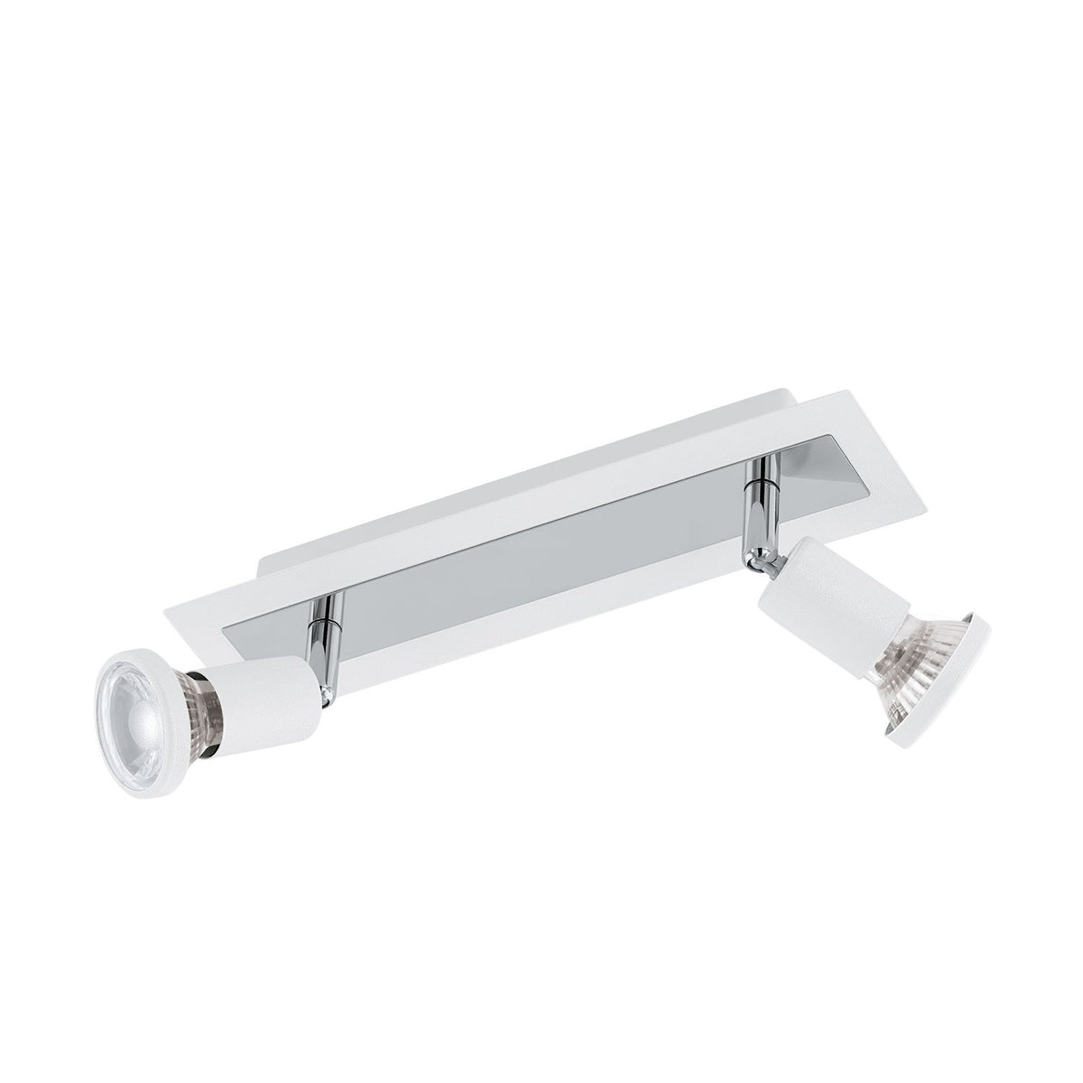 Luminaire blanc et chromé vu de trois quarts, deux spots orientables sur embase rectangulaire