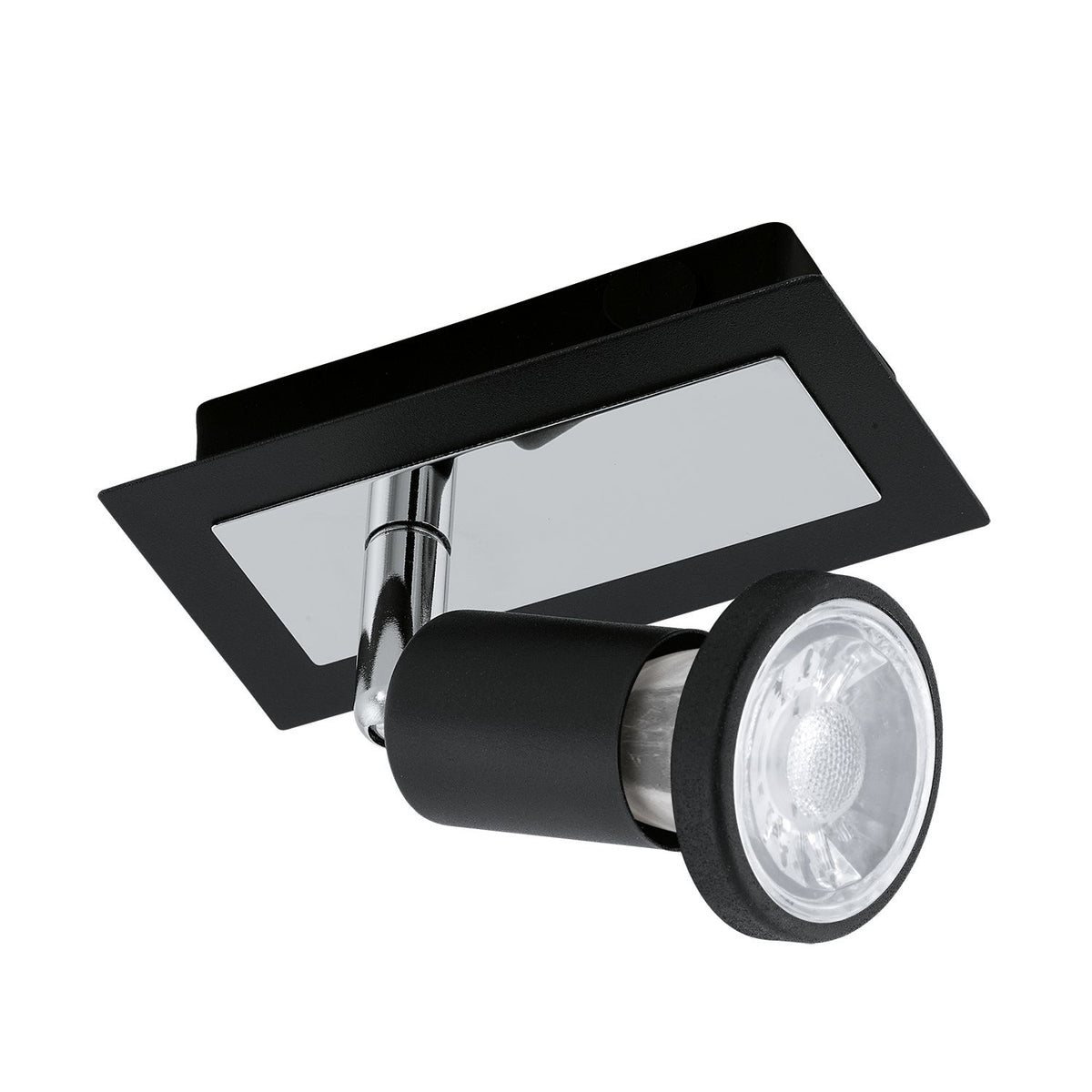 Spot mural noir de face sur fond blanc, platine rectangulaire et projecteur cylindrique orientable