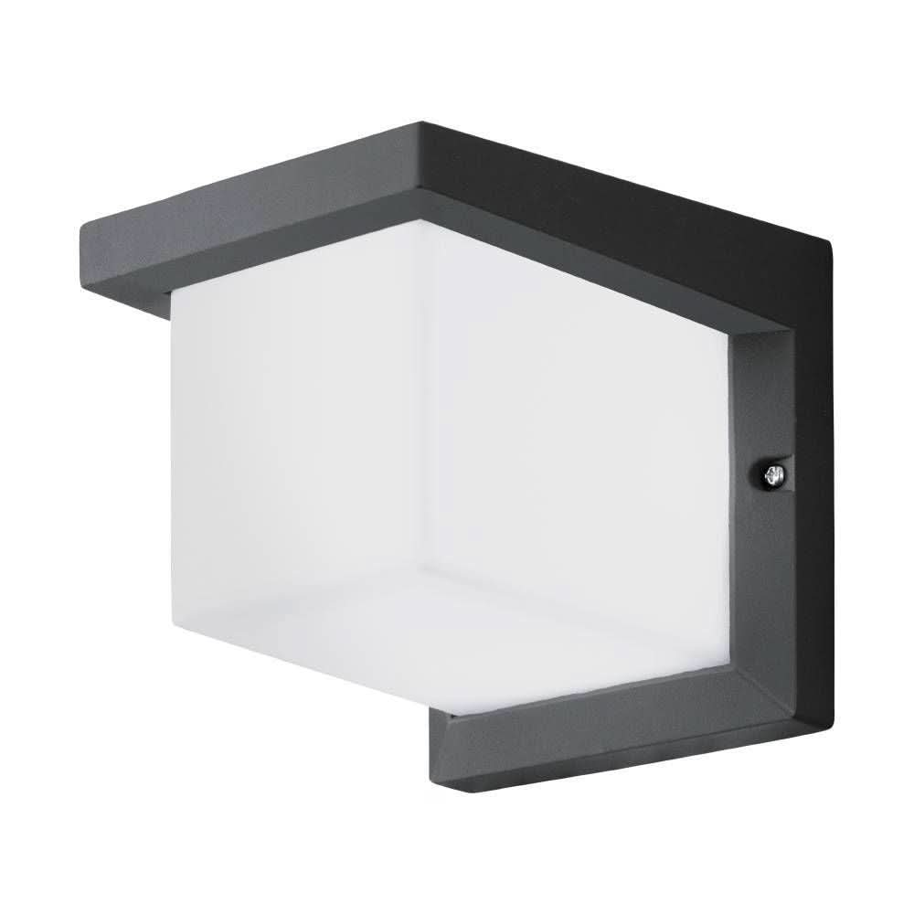 Vue détourée de l'applique extérieure anthracite et blanche, diffuseur cubique allumé.