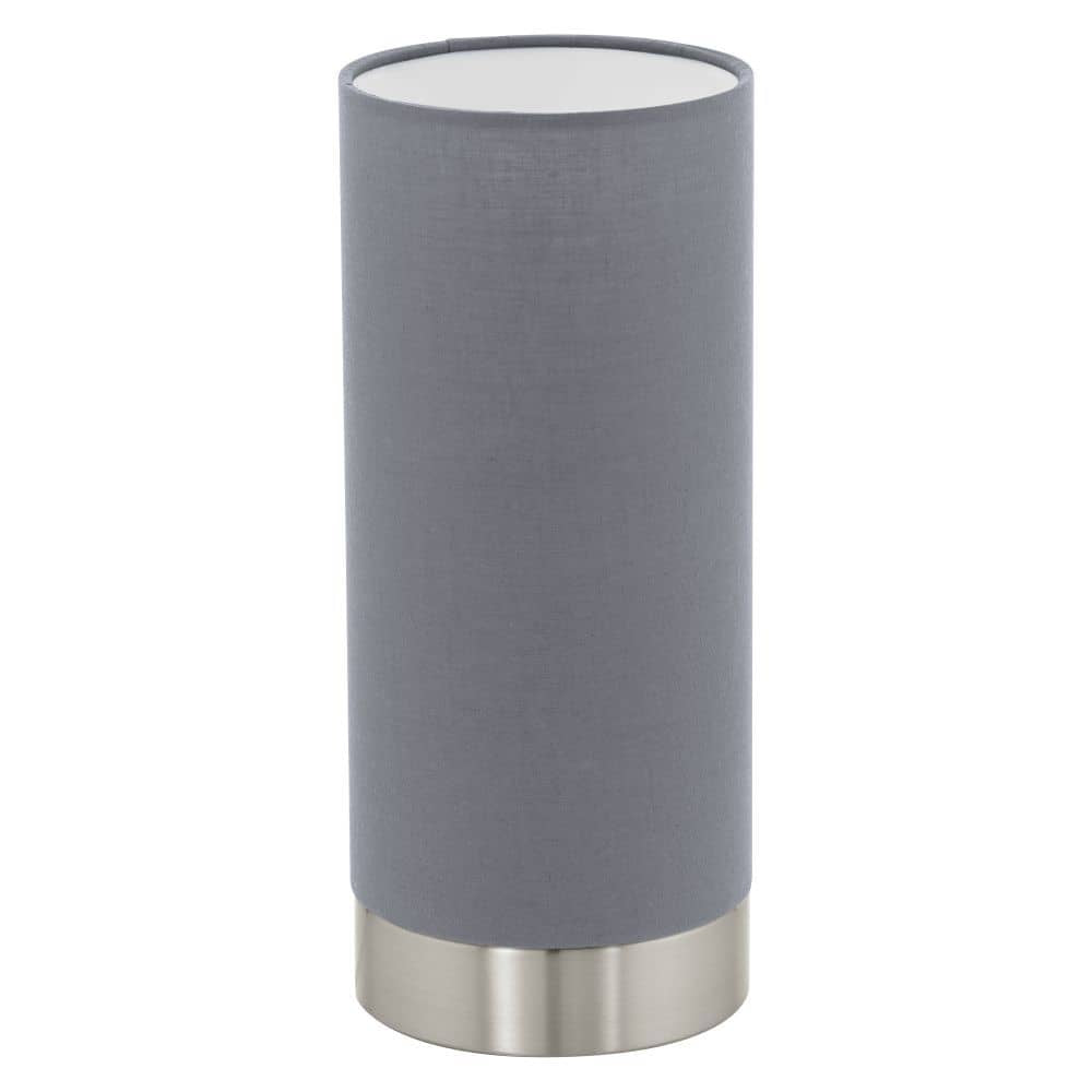 Vue de face d'une lampe à poser cylindrique grise avec base métal brossé