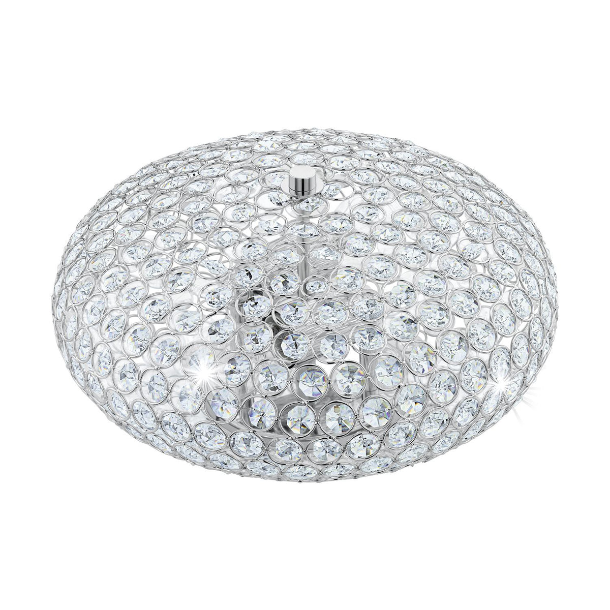Vue de face du plafonnier rond en cristal et chrome sur fond blanc