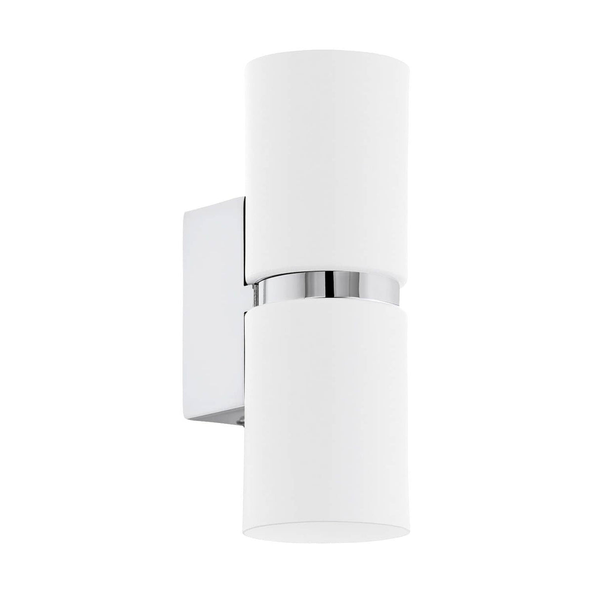 Luminaire mural chromé à deux cylindres blancs, vue de trois quarts sur fond blanc